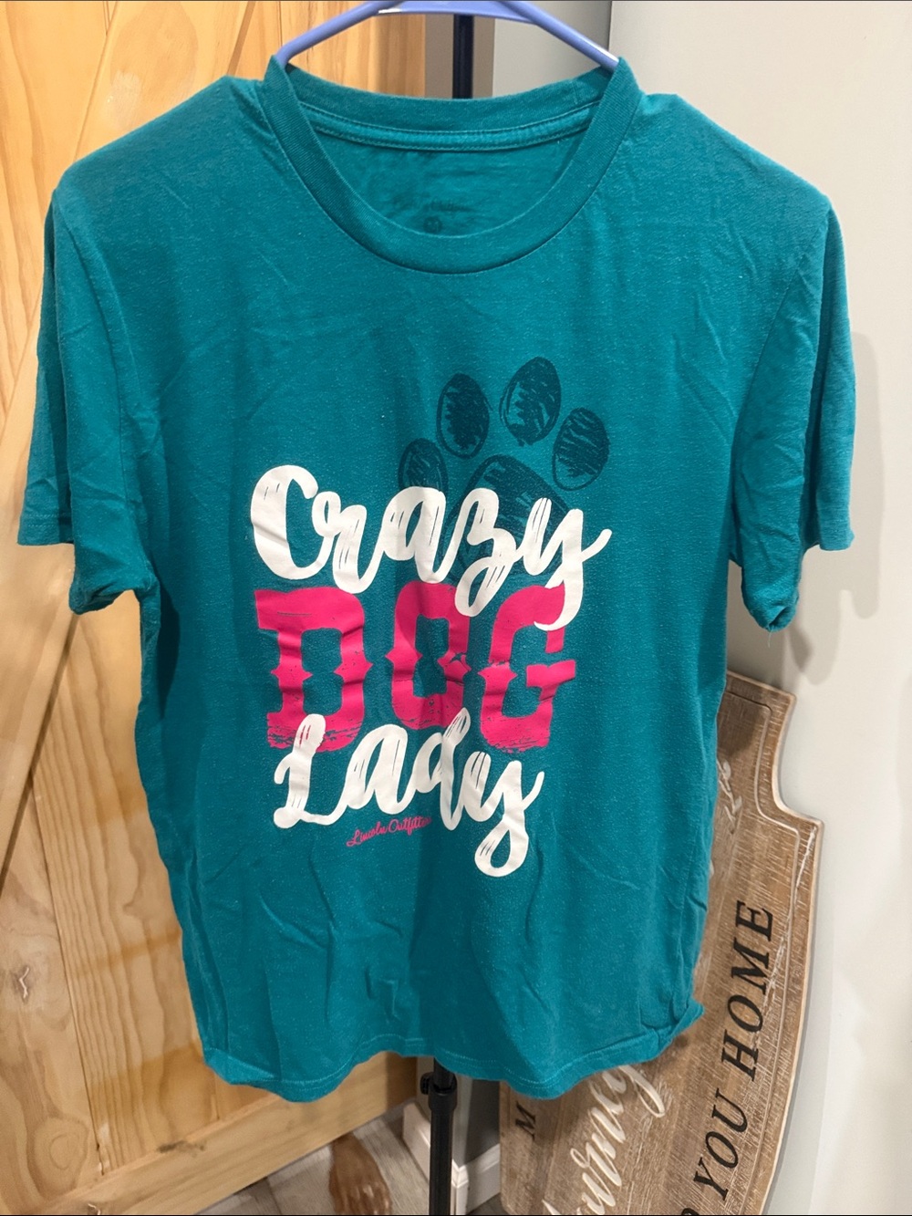 Crazy Dog Lady Teal T-Shirt with Pink and White Print